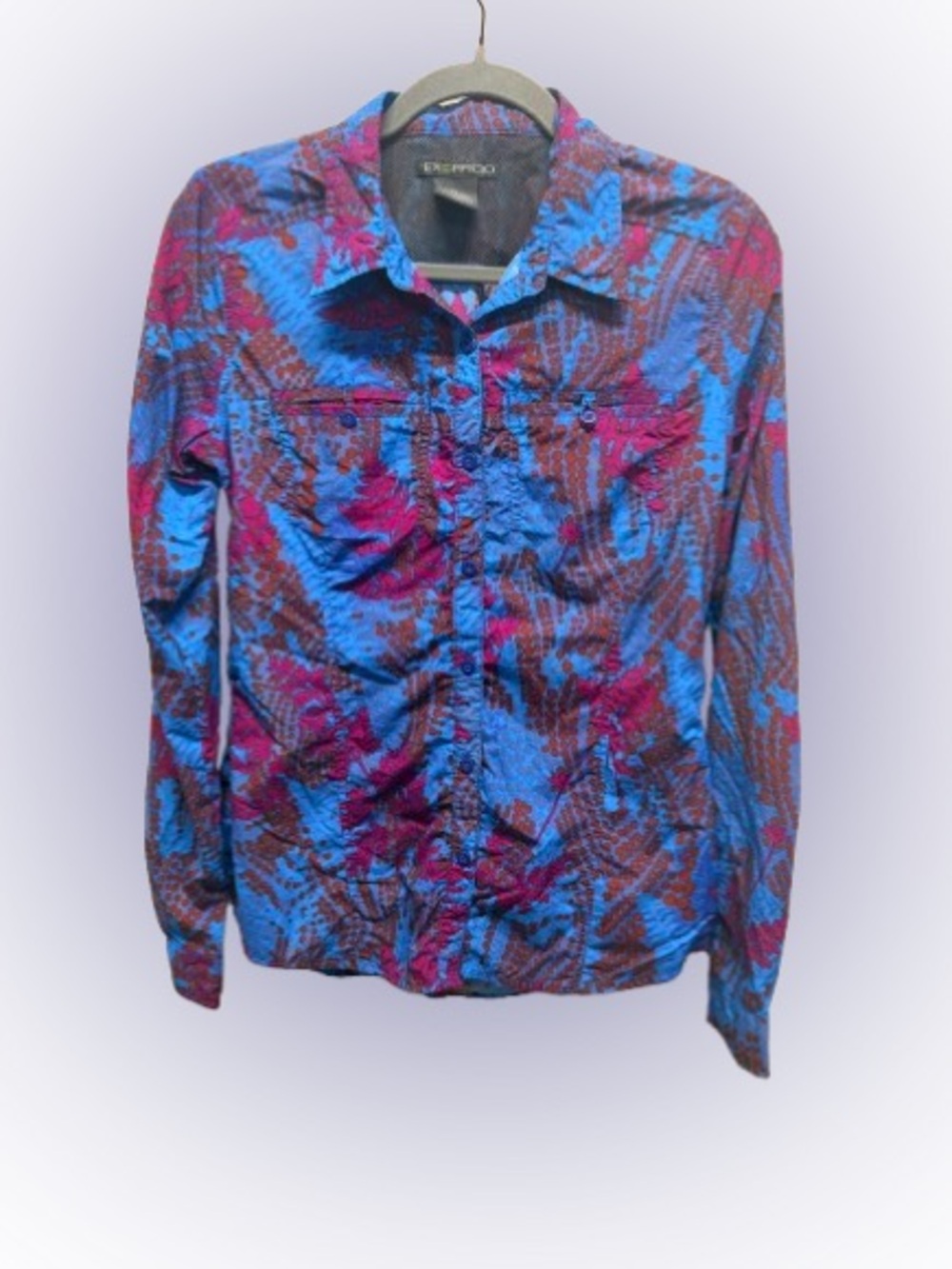 ExOfficio Women’s Tropical Floral Travel Shirt S Blue Pink Hidden Zip Pocket